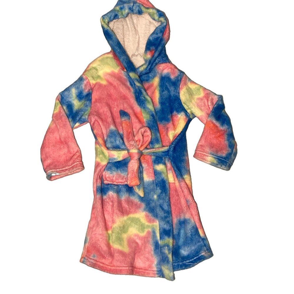 Girls Medium Warm Fleece Bathrobe Hooded Tie dye Pink Blue
